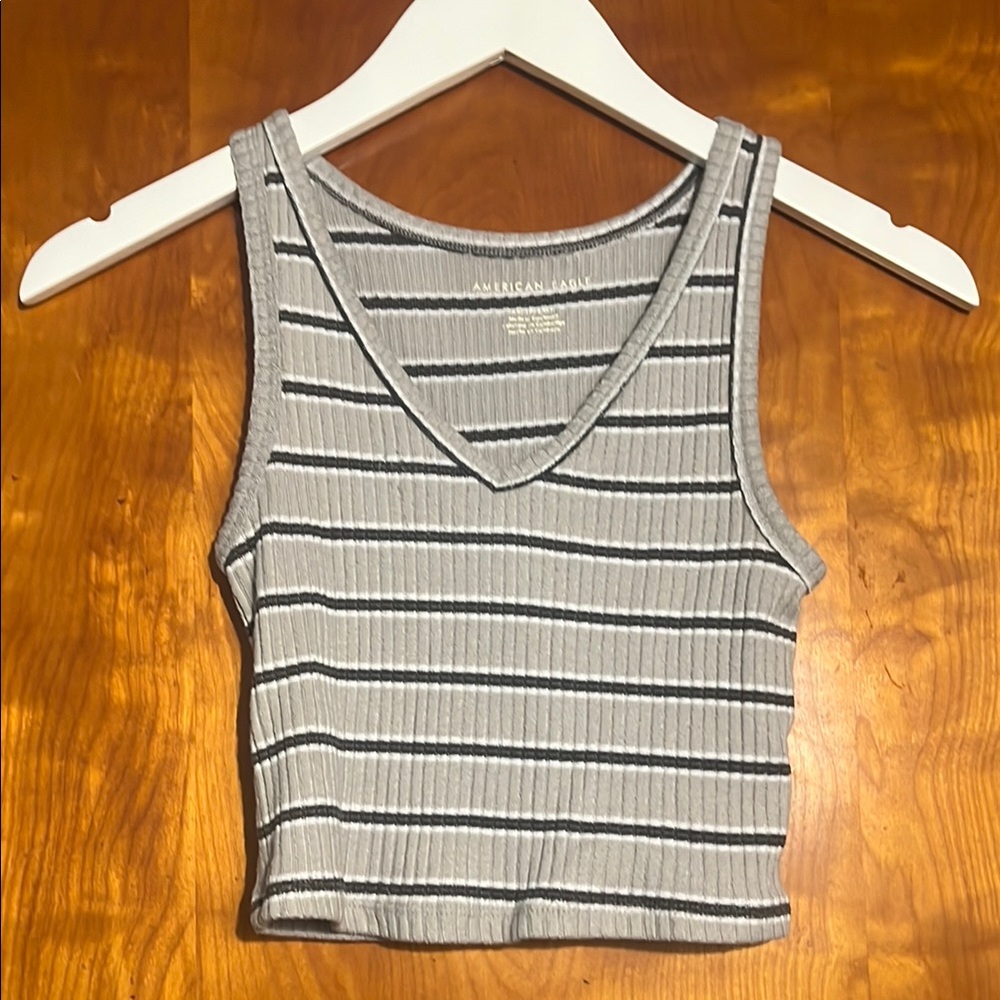 American Eagle Outfitters Gray and White Striped Ribbed Tank Top